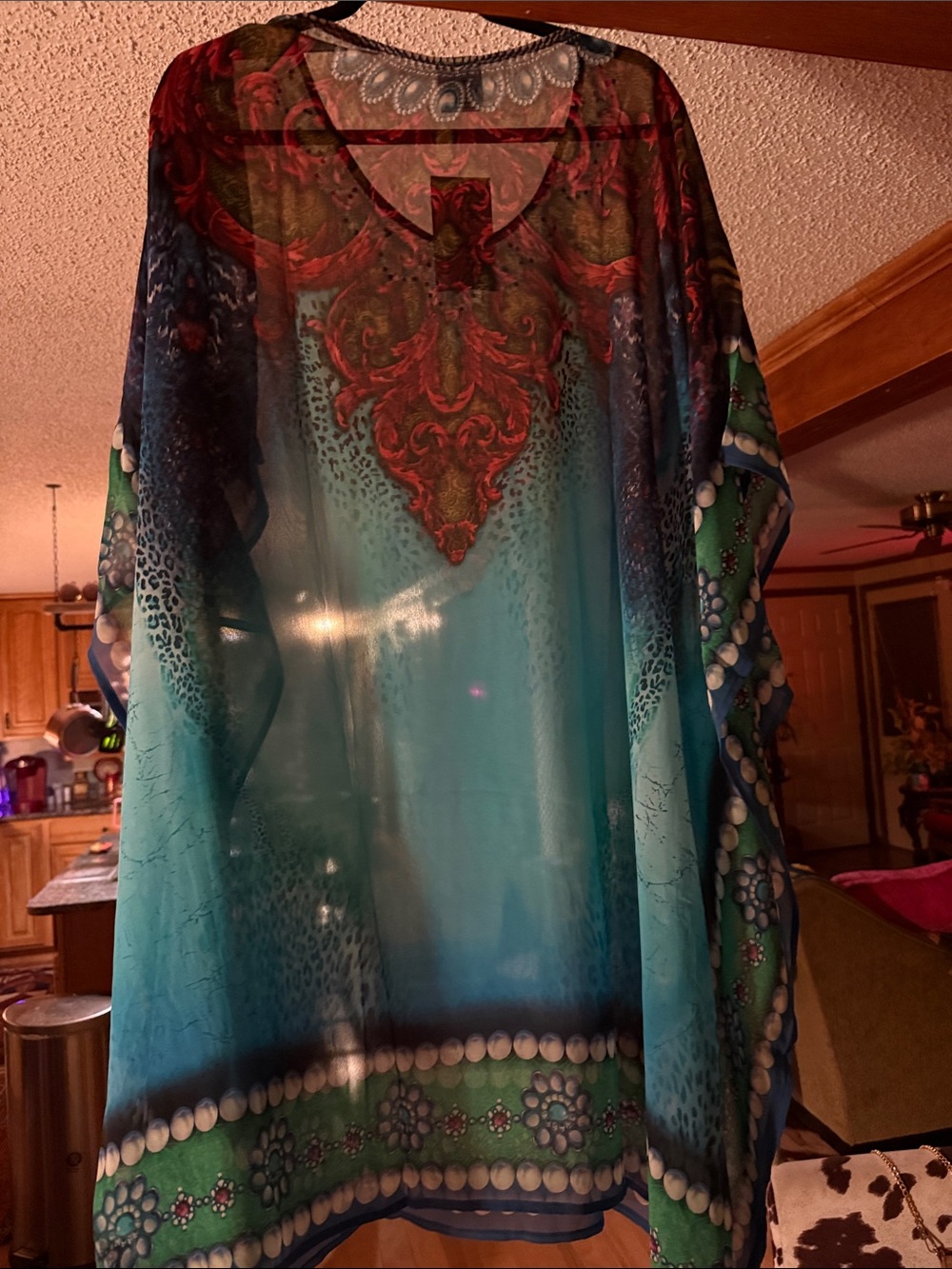 Vibrant Blue Green Sheer Embellished Kaftan - Picture 2 of 4